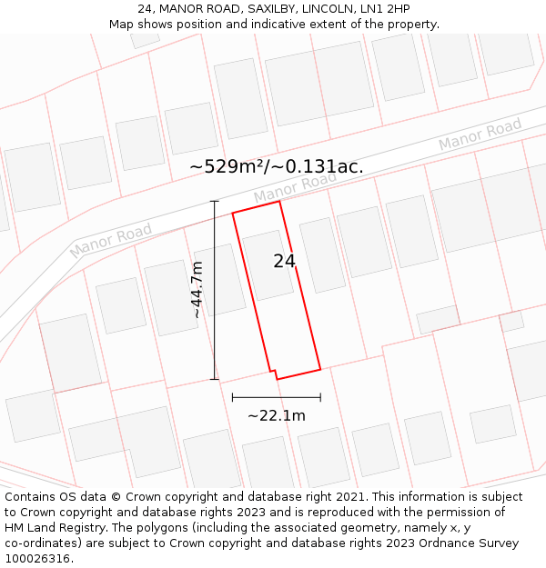 24, MANOR ROAD, SAXILBY, LINCOLN, LN1 2HP: Plot and title map