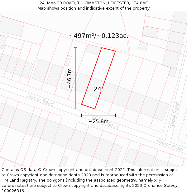 24, MANOR ROAD, THURMASTON, LEICESTER, LE4 8AG: Plot and title map