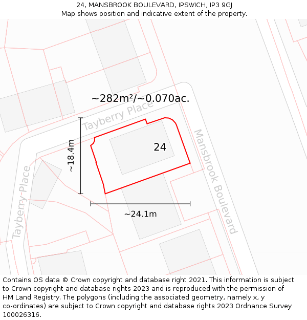 24, MANSBROOK BOULEVARD, IPSWICH, IP3 9GJ: Plot and title map