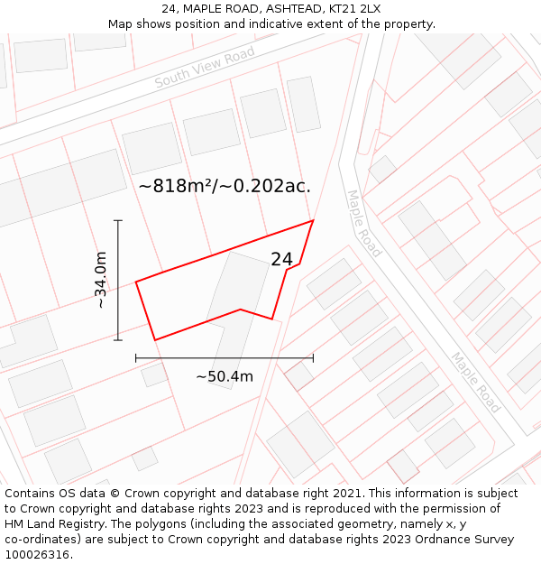 24, MAPLE ROAD, ASHTEAD, KT21 2LX: Plot and title map