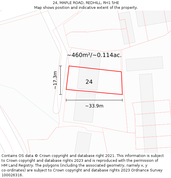 24, MAPLE ROAD, REDHILL, RH1 5HE: Plot and title map