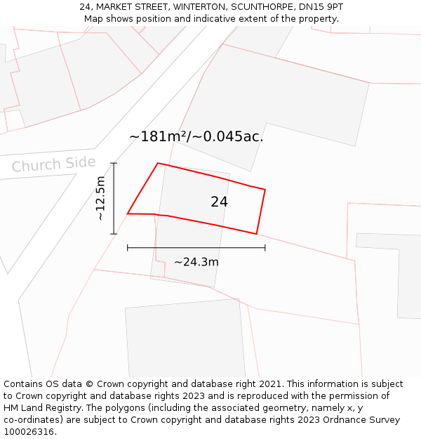 24, MARKET STREET, WINTERTON, SCUNTHORPE, DN15 9PT: Plot and title map