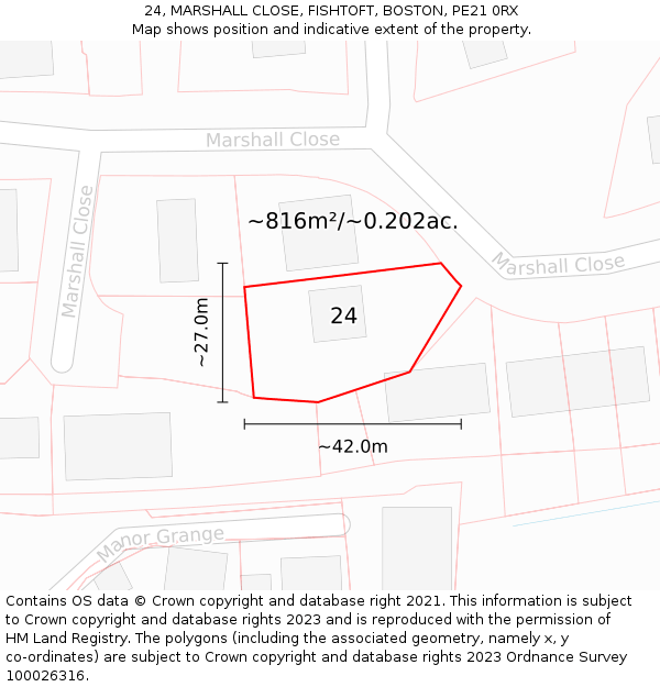 24, MARSHALL CLOSE, FISHTOFT, BOSTON, PE21 0RX: Plot and title map