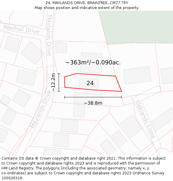 24, MAYLANDS DRIVE, BRAINTREE, CM77 7PY: Plot and title map