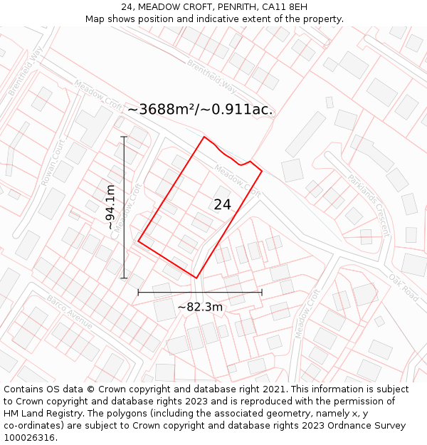 24, MEADOW CROFT, PENRITH, CA11 8EH: Plot and title map