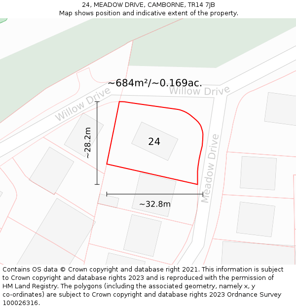 24, MEADOW DRIVE, CAMBORNE, TR14 7JB: Plot and title map