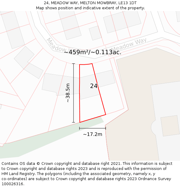 24, MEADOW WAY, MELTON MOWBRAY, LE13 1DT: Plot and title map