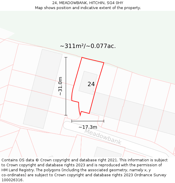 24, MEADOWBANK, HITCHIN, SG4 0HY: Plot and title map