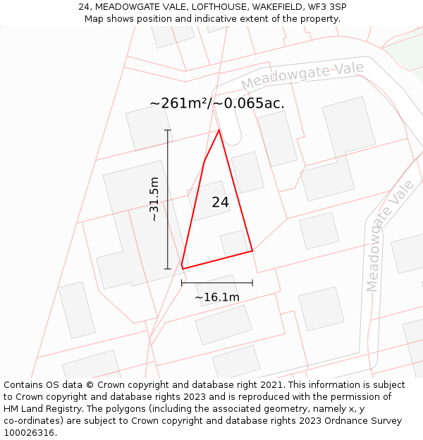 24, MEADOWGATE VALE, LOFTHOUSE, WAKEFIELD, WF3 3SP: Plot and title map
