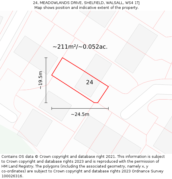 24, MEADOWLANDS DRIVE, SHELFIELD, WALSALL, WS4 1TJ: Plot and title map