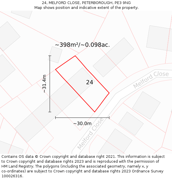24, MELFORD CLOSE, PETERBOROUGH, PE3 9NG: Plot and title map