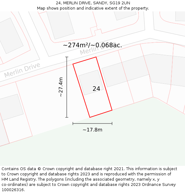 24, MERLIN DRIVE, SANDY, SG19 2UN: Plot and title map