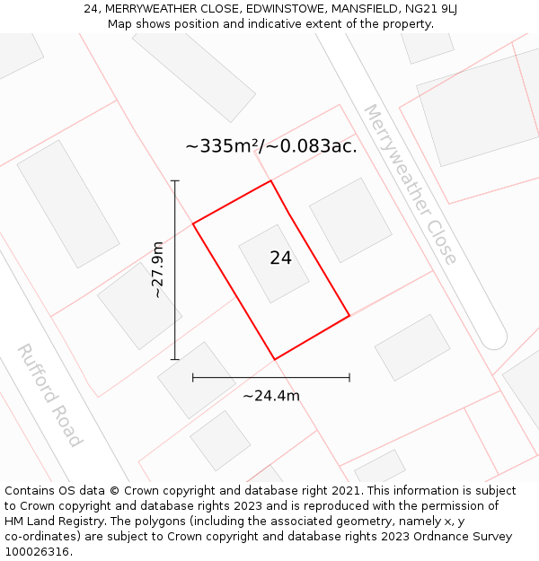 24, MERRYWEATHER CLOSE, EDWINSTOWE, MANSFIELD, NG21 9LJ: Plot and title map