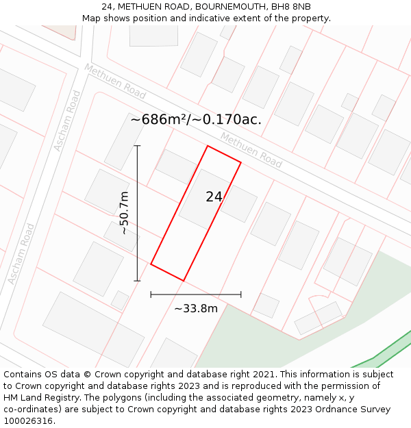 24, METHUEN ROAD, BOURNEMOUTH, BH8 8NB: Plot and title map