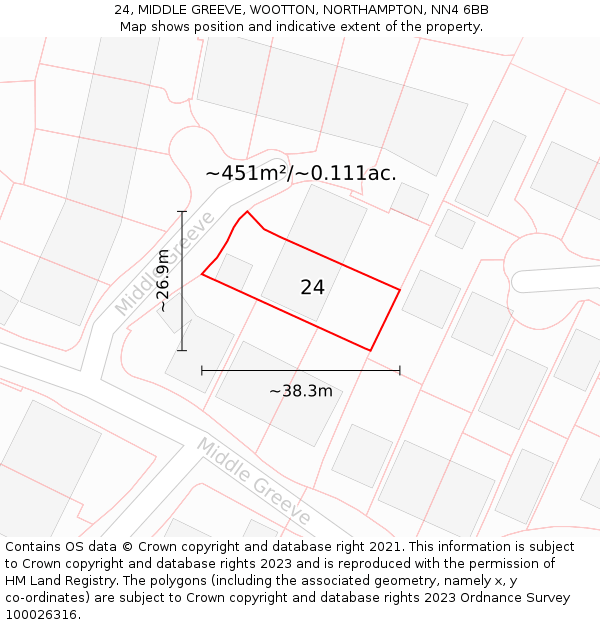 24, MIDDLE GREEVE, WOOTTON, NORTHAMPTON, NN4 6BB: Plot and title map