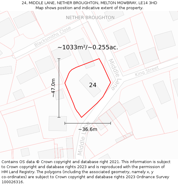 24, MIDDLE LANE, NETHER BROUGHTON, MELTON MOWBRAY, LE14 3HD: Plot and title map