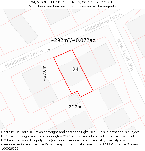 24, MIDDLEFIELD DRIVE, BINLEY, COVENTRY, CV3 2UZ: Plot and title map