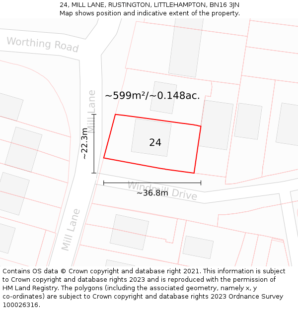 24, MILL LANE, RUSTINGTON, LITTLEHAMPTON, BN16 3JN: Plot and title map
