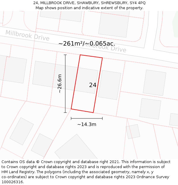 24, MILLBROOK DRIVE, SHAWBURY, SHREWSBURY, SY4 4PQ: Plot and title map