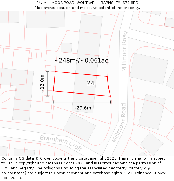 24, MILLMOOR ROAD, WOMBWELL, BARNSLEY, S73 8BD: Plot and title map