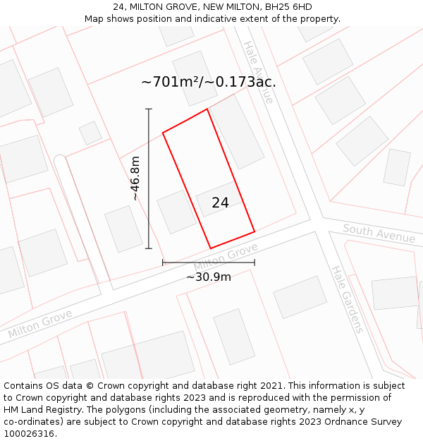 24, MILTON GROVE, NEW MILTON, BH25 6HD: Plot and title map