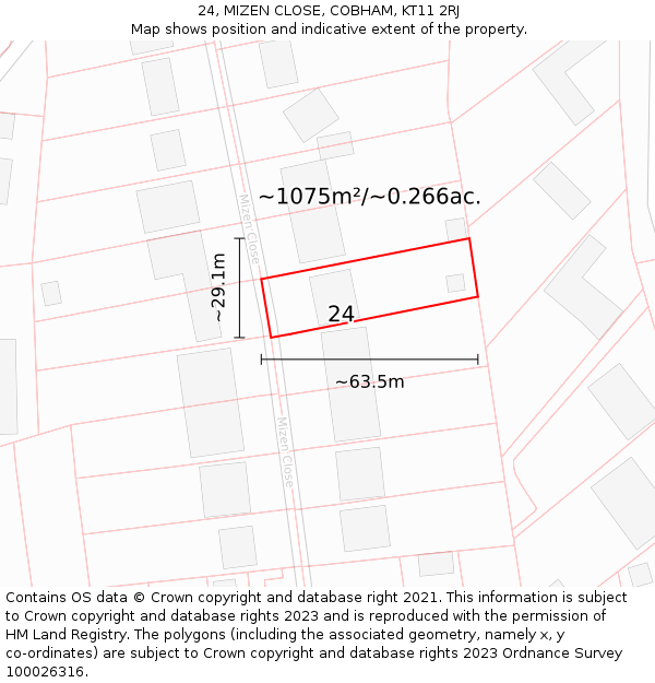 24, MIZEN CLOSE, COBHAM, KT11 2RJ: Plot and title map