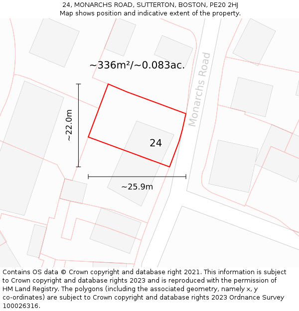 24, MONARCHS ROAD, SUTTERTON, BOSTON, PE20 2HJ: Plot and title map