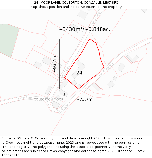 24, MOOR LANE, COLEORTON, COALVILLE, LE67 8FQ: Plot and title map