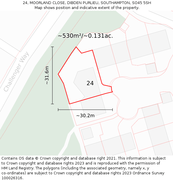 24, MOORLAND CLOSE, DIBDEN PURLIEU, SOUTHAMPTON, SO45 5SH: Plot and title map