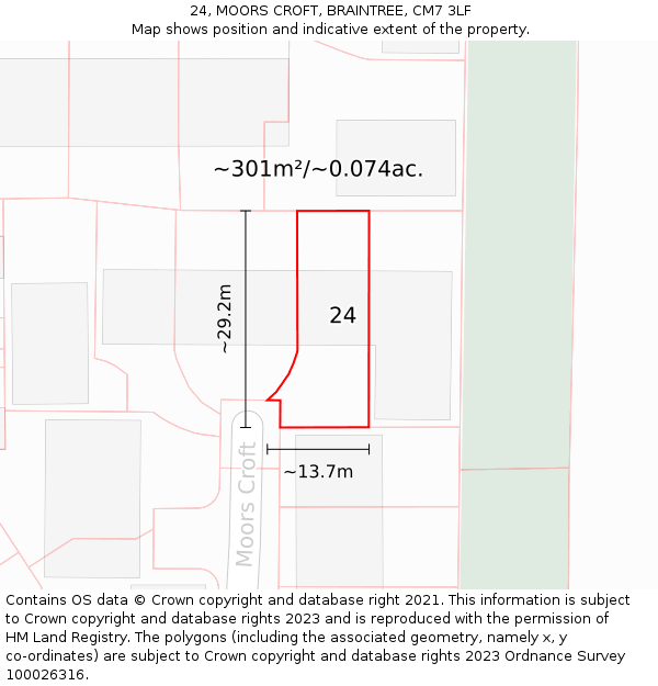 24, MOORS CROFT, BRAINTREE, CM7 3LF: Plot and title map
