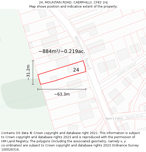 24, MOUNTAIN ROAD, CAERPHILLY, CF83 1HJ: Plot and title map