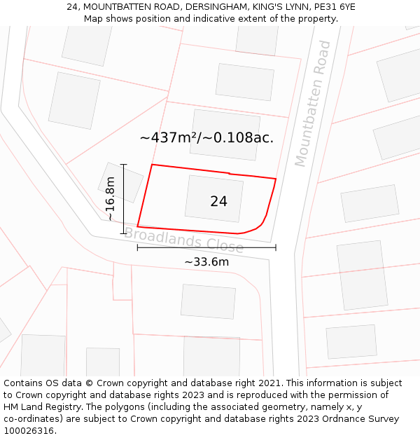 24, MOUNTBATTEN ROAD, DERSINGHAM, KING'S LYNN, PE31 6YE: Plot and title map