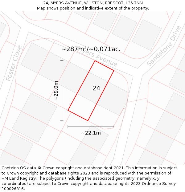 24, MYERS AVENUE, WHISTON, PRESCOT, L35 7NN: Plot and title map