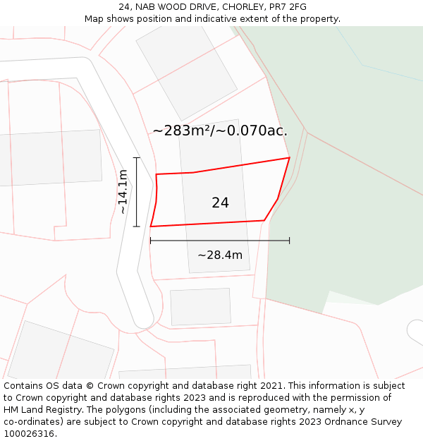 24, NAB WOOD DRIVE, CHORLEY, PR7 2FG: Plot and title map