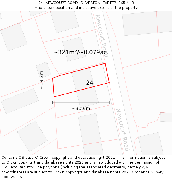 24, NEWCOURT ROAD, SILVERTON, EXETER, EX5 4HR: Plot and title map