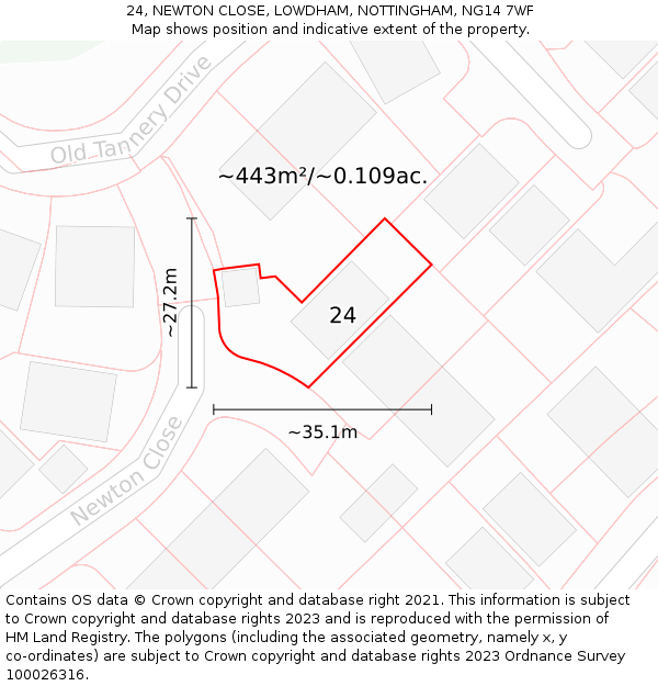 24, NEWTON CLOSE, LOWDHAM, NOTTINGHAM, NG14 7WF: Plot and title map