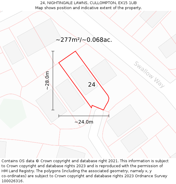 24, NIGHTINGALE LAWNS, CULLOMPTON, EX15 1UB: Plot and title map