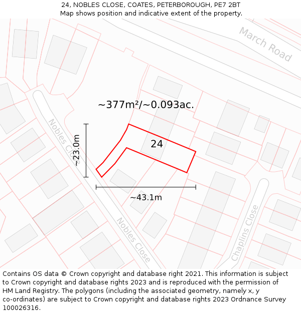 24, NOBLES CLOSE, COATES, PETERBOROUGH, PE7 2BT: Plot and title map