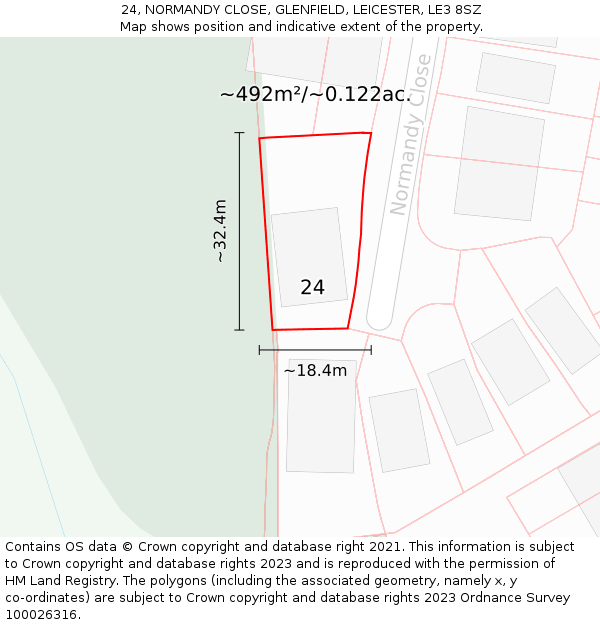 24, NORMANDY CLOSE, GLENFIELD, LEICESTER, LE3 8SZ: Plot and title map