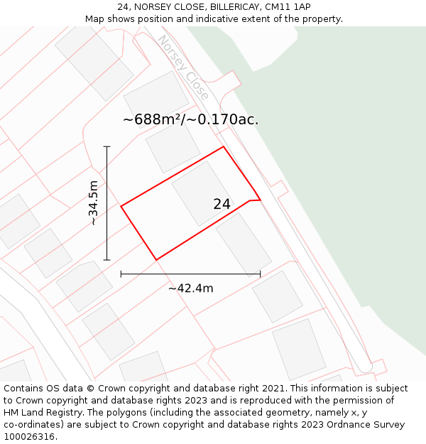 24, NORSEY CLOSE, BILLERICAY, CM11 1AP: Plot and title map