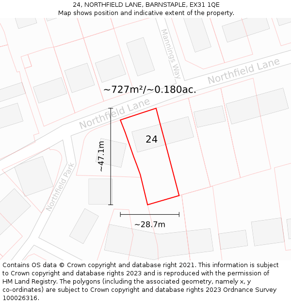 24, NORTHFIELD LANE, BARNSTAPLE, EX31 1QE: Plot and title map