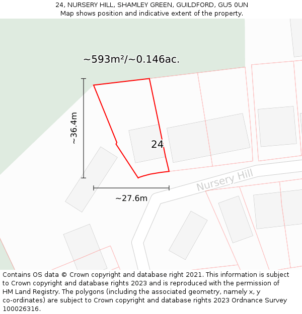 24, NURSERY HILL, SHAMLEY GREEN, GUILDFORD, GU5 0UN: Plot and title map