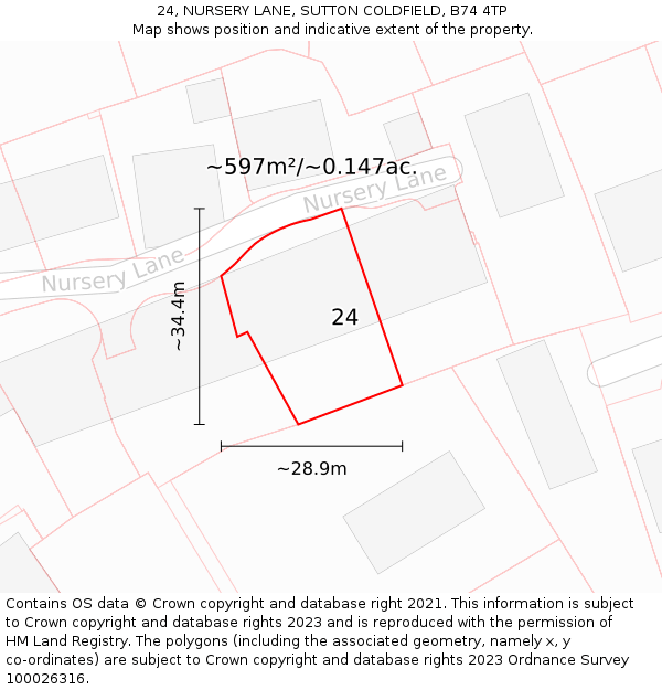 24, NURSERY LANE, SUTTON COLDFIELD, B74 4TP: Plot and title map