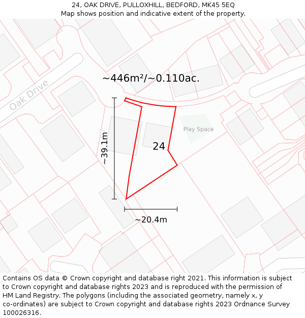 24, OAK DRIVE, PULLOXHILL, BEDFORD, MK45 5EQ: Plot and title map