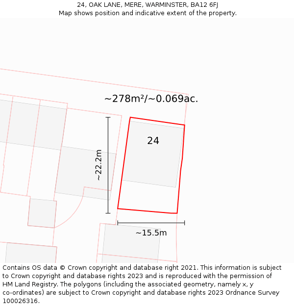 24, OAK LANE, MERE, WARMINSTER, BA12 6FJ: Plot and title map