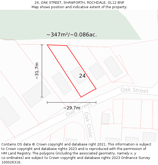 24, OAK STREET, SHAWFORTH, ROCHDALE, OL12 8NP: Plot and title map