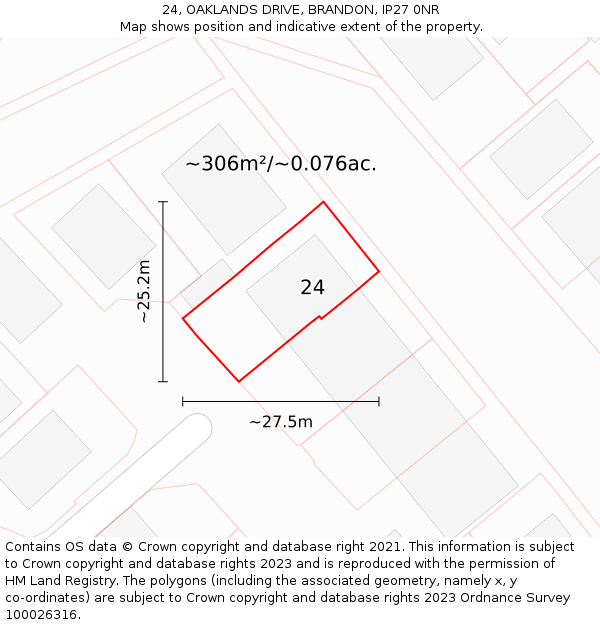 24, OAKLANDS DRIVE, BRANDON, IP27 0NR: Plot and title map