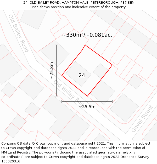 24, OLD BAILEY ROAD, HAMPTON VALE, PETERBOROUGH, PE7 8EN: Plot and title map