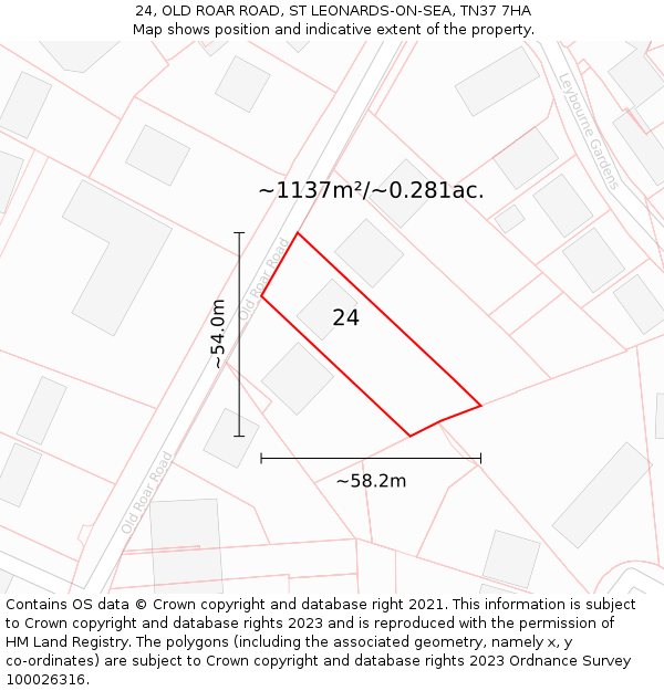 24, OLD ROAR ROAD, ST LEONARDS-ON-SEA, TN37 7HA: Plot and title map