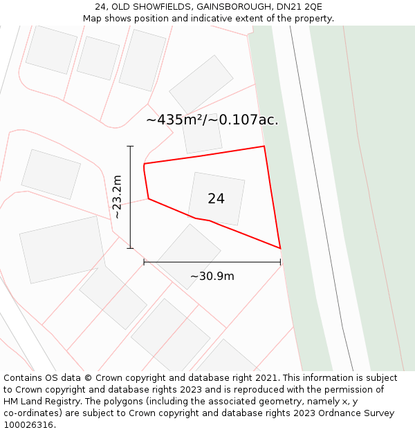24, OLD SHOWFIELDS, GAINSBOROUGH, DN21 2QE: Plot and title map